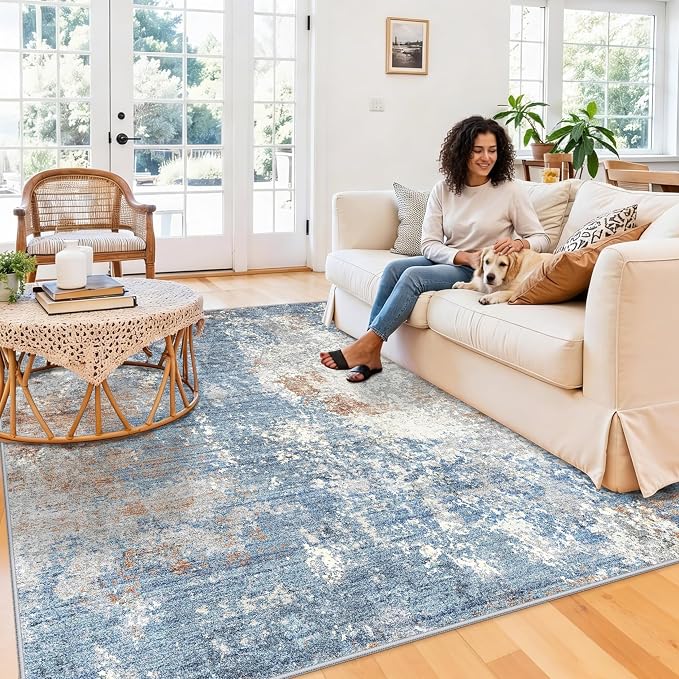 8x8 Square Living Room Area Rug – Washable Modern Neutral Abstract Indoor Rug - Image 4