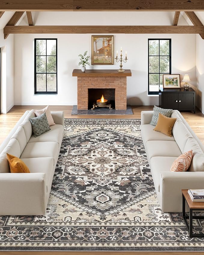 6x9 Vintage Area Rug: Washable Neutral Soft Non Slip Thin Large Floor Carpet - Image 2
