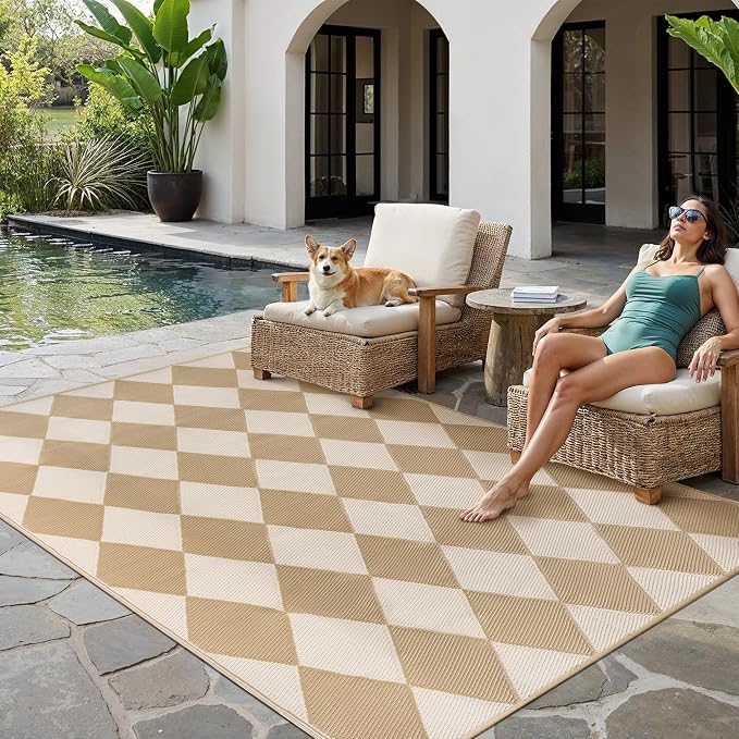 Outdoor Plastic Checkered Rug Waterproof Patio 5x8 Beige Brown Diamond Geometry - Image 2