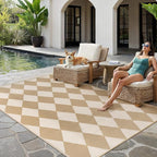 Outdoor Plastic Checkered Rug Waterproof Patio 5x8 Beige Brown Diamond Geometry - Image 2