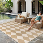 Outdoor Plastic Checkered Rug Waterproof Patio 6x9 Beige Brown Diamond Geometry by WondRg