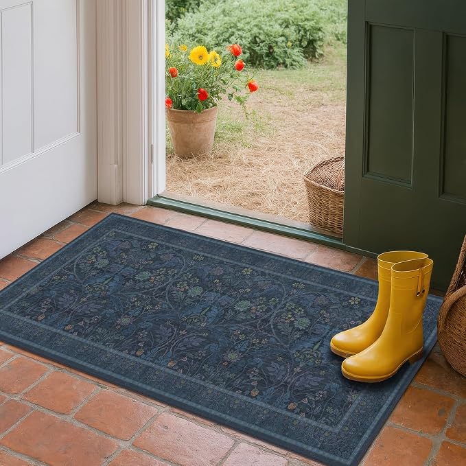 Washable 2x4 Entryway Rugs, Oriental Floral Small Blue Kitchen Rugs, Thin - Image 6