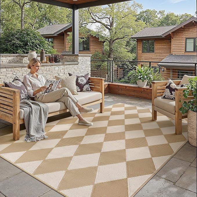Outdoor Plastic Checkered Rug Waterproof Patio 5x8 Beige Brown Diamond Geometry by WondRg