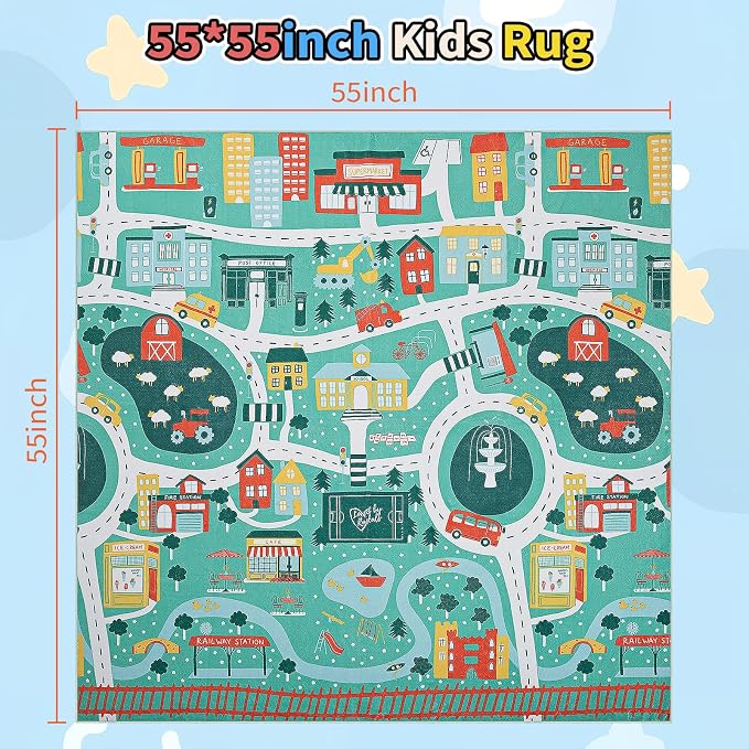 UKISS Educational Play Rug，55"x55" Traffic Road Kids Car Mat, Non-Slip Washable - Image 2