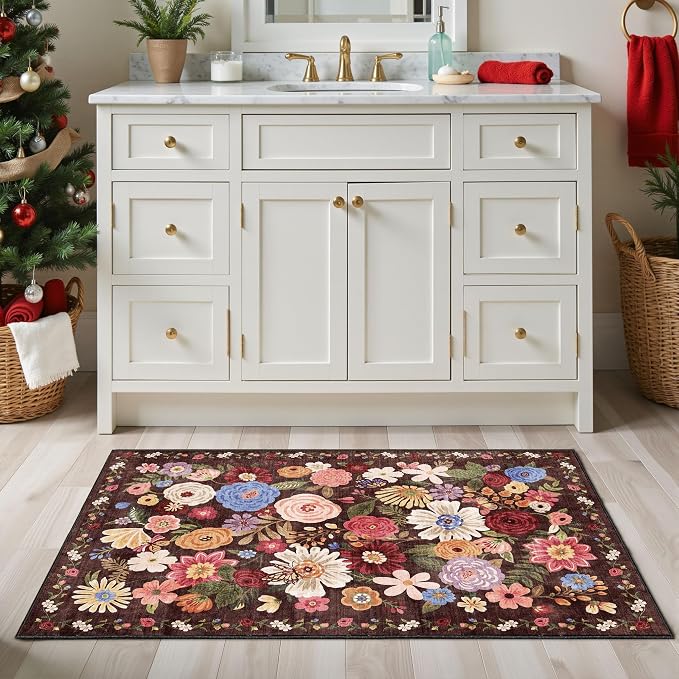 Area Rug 4x6 Espresso, Washable Boho Rugs Non Slip Low Pile Floral Small Carpet - Image 5