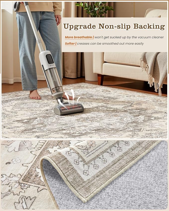 8ft Round Area Rug: Washable Vintage Neutral Soft Non Slip Thin Large Floor - Image 6
