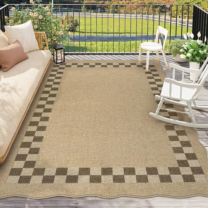 LIVEBOX Scalloped Easy Jute Checkered 8x10 Outdoor Rug, Washable Farmhouse Tan - Image 2