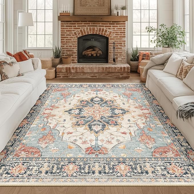 RELEANY Area Rugs Square 8ft Washable Non-Slip, Floral Vintage Distress by RELEANY