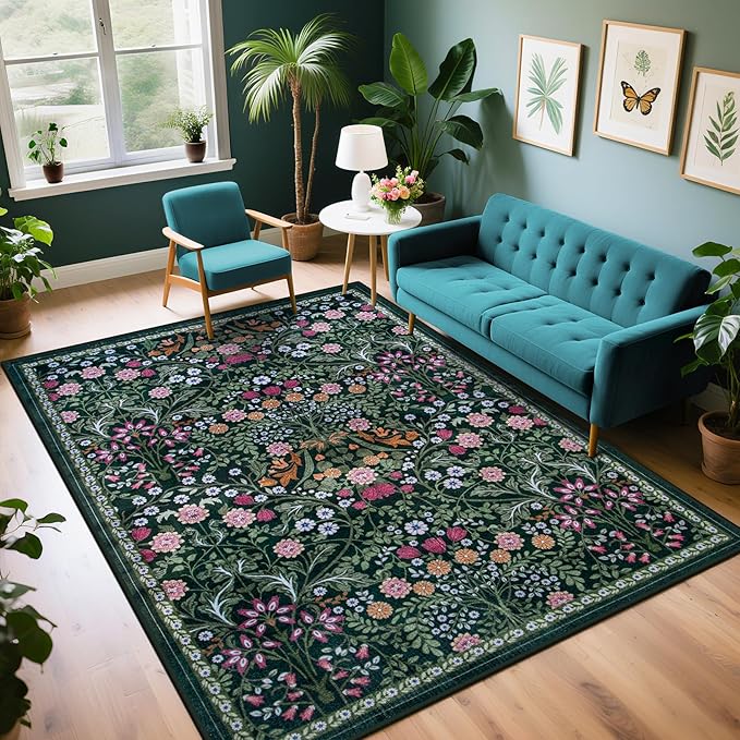 Area Rug Living Room Rugs: Floral 5x7 Washable Rug Vintage Soft Boho Non-Slip by PLHXFRSoftAreaRugs