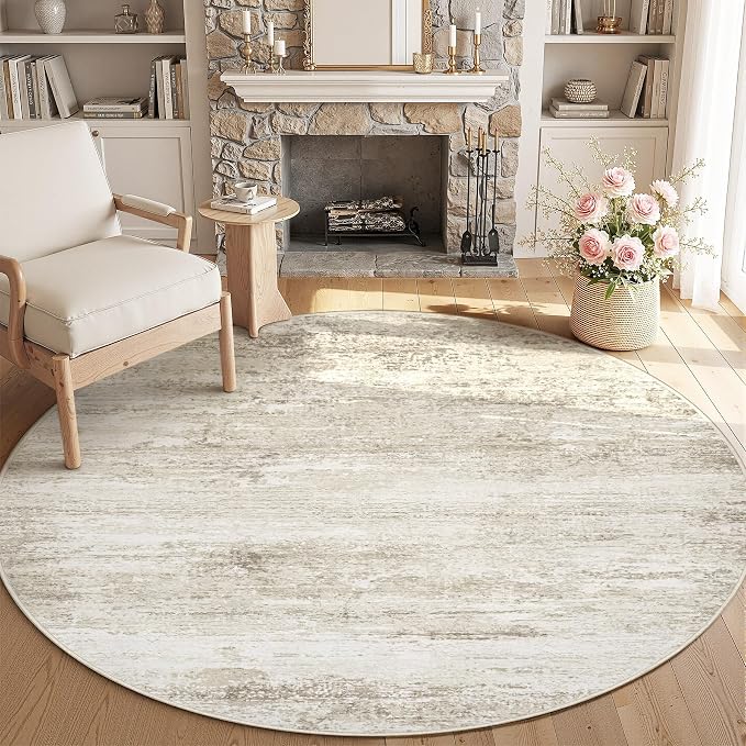 Washable Round Rug 4ft for Bedroom: Circle Neutral Soft Rug Abstract Non Slip by LOSBULAKE