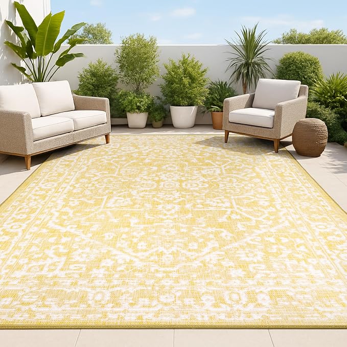 JONATHAN Y Boho Medallion Indoor Outdoor Area Rug 55X36.5 Yellow/Cream by JONATHANY