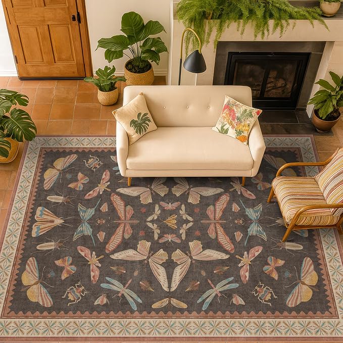 Washable Brown Farmhouse Rug 7x9, Low Pile Area Carpet - Image 6