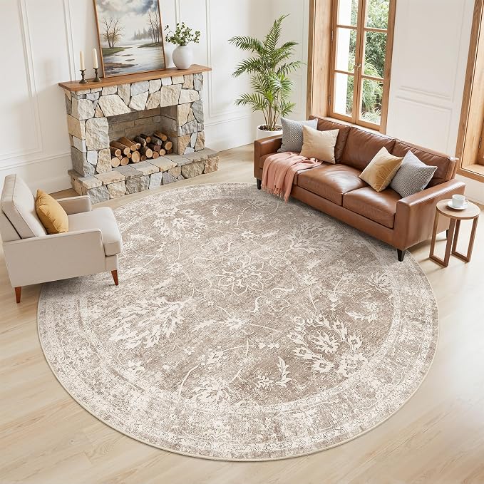 Madane Washable Round Rug 8ft for Living Room, Soft Ultra-Thin Non-Slip Vintage by Madane