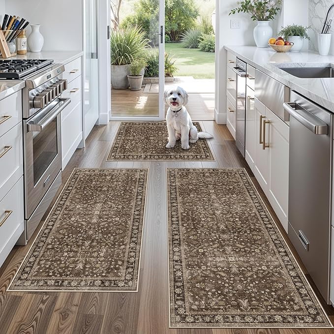 Washable Non-Skid 3 Piece Kitchen Rugs Set – Modern Boho Floral Low-Pile Area by BYYVOORugsforYourHome