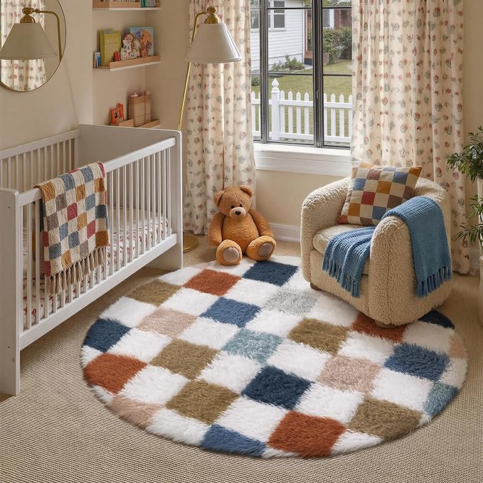 PureCozy Checkered Rug 5x5 for Living Room, Modern Rainbow Shag Super Soft by PureCozy