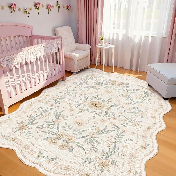 Scalloped Floral Rug 6x9, Neutral Beige Washable Non Slip Area Rug by Dadasgk