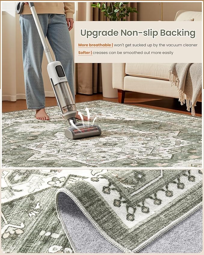 12x15 Vintage Area Rug: Washable Neutral Soft Non Slip Thin Large Floor Carpet - Image 5