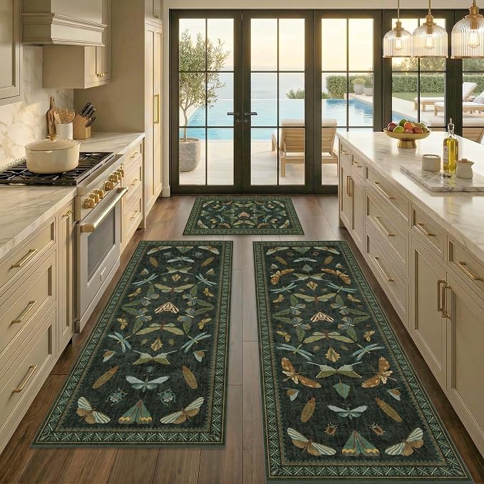 JTJ Botanical Insect Kitchen Rug Set of 3, Dark Green Nature Inspired Floor Mats by JTJ