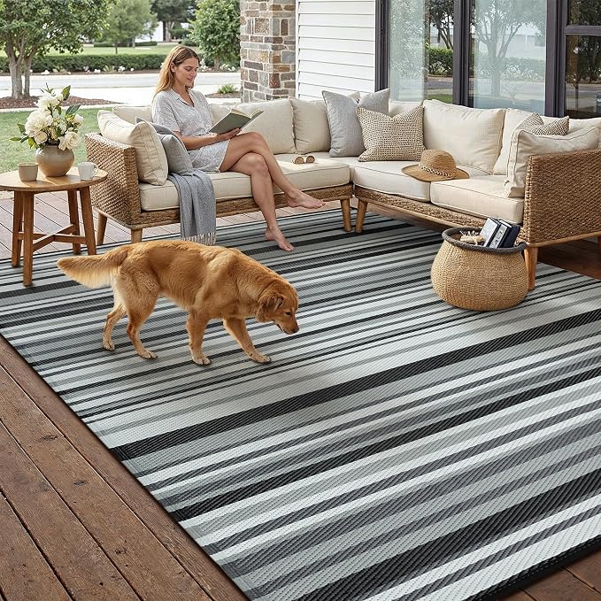 Outdoor Plastic Straw Rug Waterproof Patio 6x9 Black White Stripe Mat - Image 3