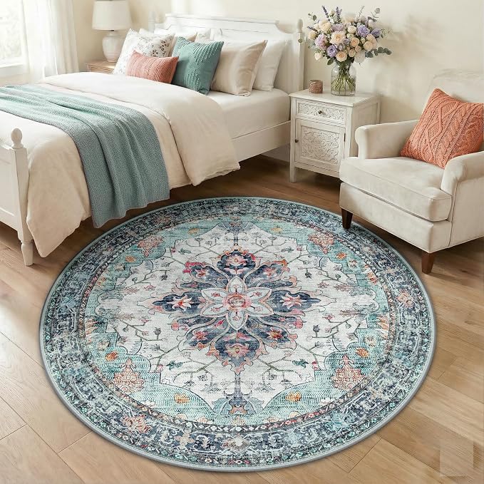 RELEANY Area Rugs Round 5ft Washable Non-Slip, Floral Vintage Distress by RELEANY