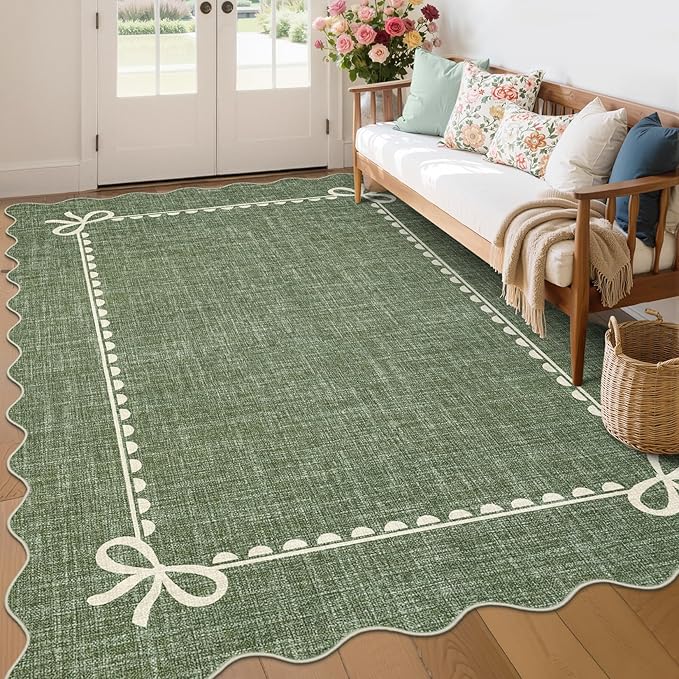 GarveeHome Scalloped Bow Rug for Living Room, Solid Green Rug for Dorm by GarveeHome