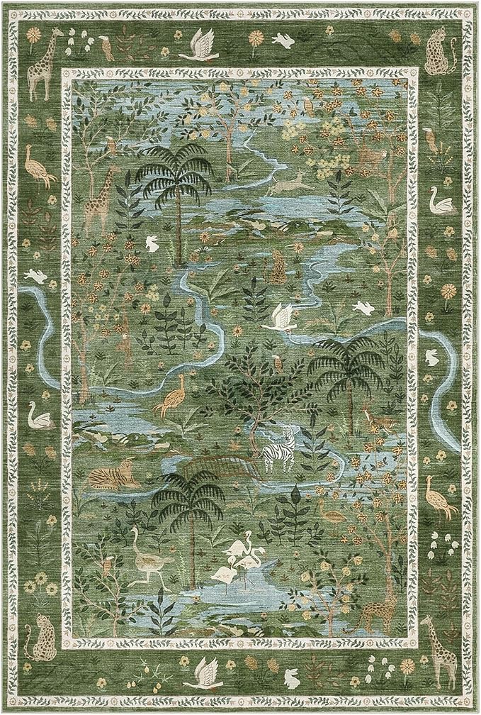 Washable Area Rug 5x7 Green Animal Print Rugs - Image 4