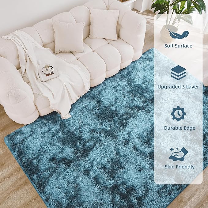 Litanika 8x10 Shag Area Rug for Living Room Bedroom, Tie-Dyed Blue High Pile - Image 4