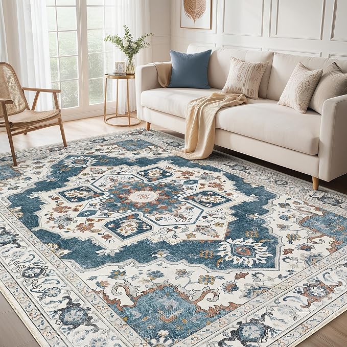 10x12 Washable Area Rug: Vintage Neutral Soft Non Slip Thin Large Floor Carpet by MICGEEK