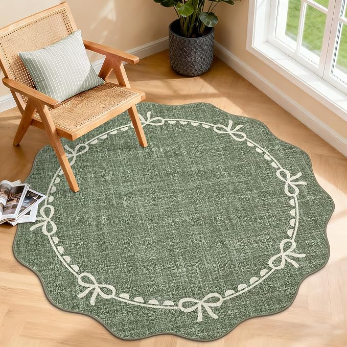 GarveeHome Scalloped Bow Rug for Living Room, 4ft Round Rugs Washable Solid by GarveeHome