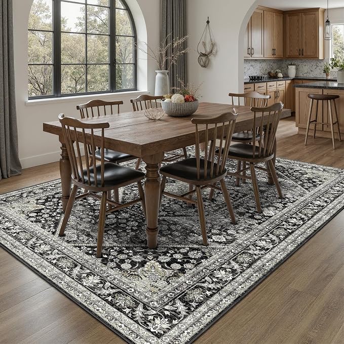 DCX Machine Washable Black Area Rug 8x10, Non Slip Stain Resistant Vintage - Image 4