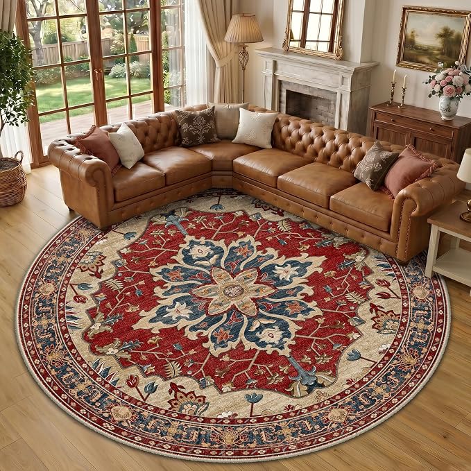 RELEANY Area Rugs Round 10ft Washable Non-Slip, Floral Vintage Distress by RELEANY