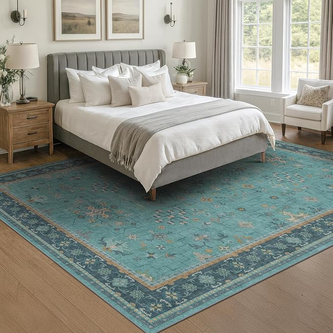 Large Boho 8x12 Teal Green Washable Living Room Rug - Image 3