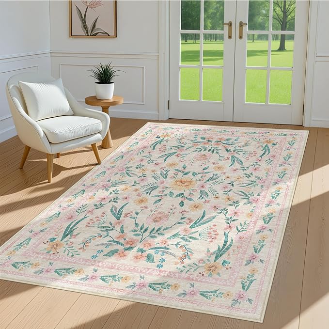 Floral Rug 3X5 for Girls Bedroom or Nursery, Cute Soft Boho Carpet for Kids Room - Image 2