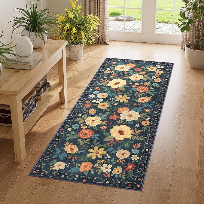 DUKINO 2x5 Runner Rug for Hallway, Washable Kitchen Floral Runner Rug by DUKINO