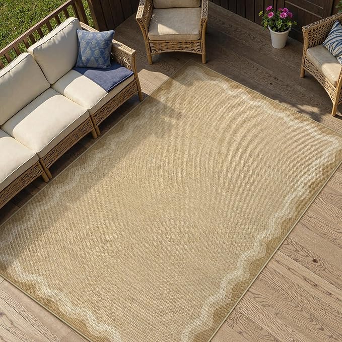 LIVEBOX Scalloped Washable 3x5 Outdoor Rug, Easy Jute Geometric Tan Rug - Image 3