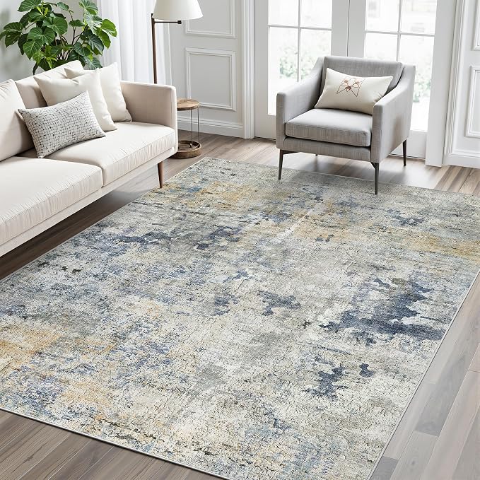 Soalmost Abstract Rug 5x7 Machine Washable Area Indoor Blue Yellow Low Pile - Image 2
