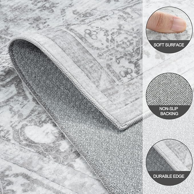 5x7 Area Rugs for Bedroom:Gray Washable Vintage Medallion Rug Non-Slip Soft Low - Image 8