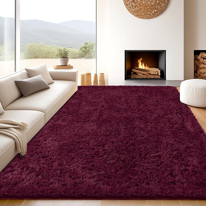 8x10 Burgundy Shag Area Rugs for Living Room, Large Fluffy Shaggy Rug for - Image 2