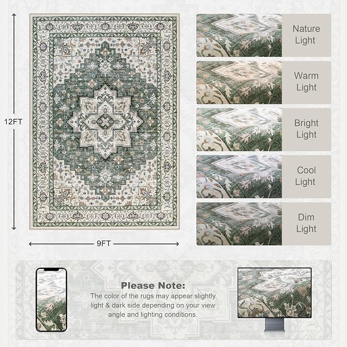 Area Rugs 9x12 Living Room Rug: Washable Rug Soft Vintage Boho Medallion Carpet - Image 2