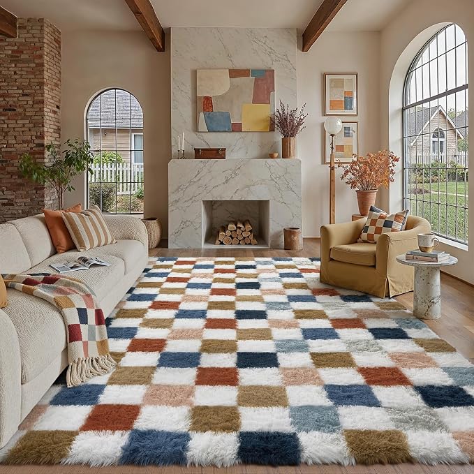 PureCozy Checkered Rug 8x10 for Living Room, Modern Rainbow Shag Rug Washable by PureCozy