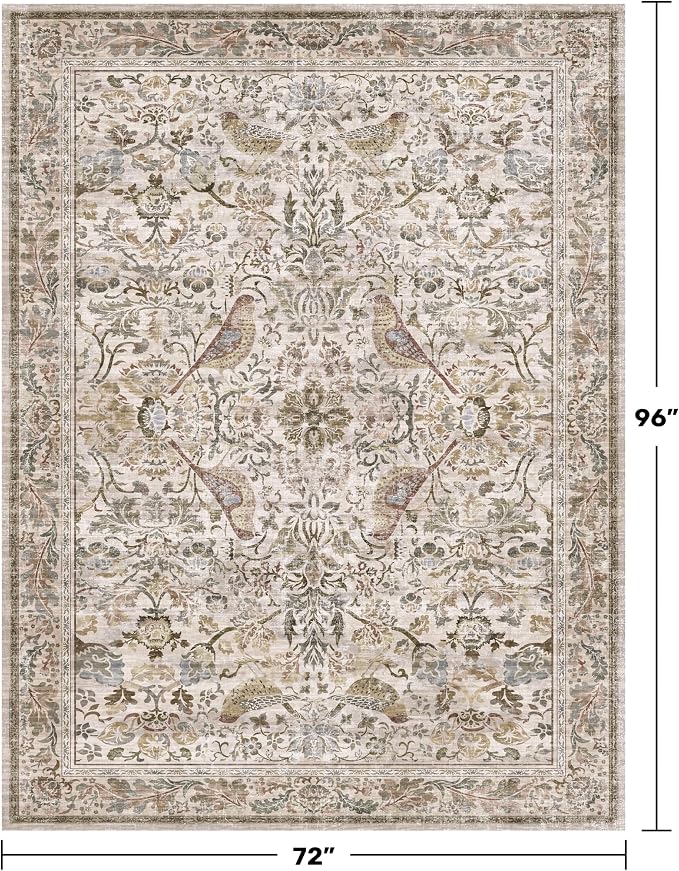 Washable 6x8 Floral Area Rug for Living Room, Boho Farmhouse Dining Room Rug - Image 2