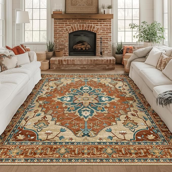 RELEANY Area Rugs Square 8ft Washable Non-Slip, Floral Vintage Distress by RELEANY