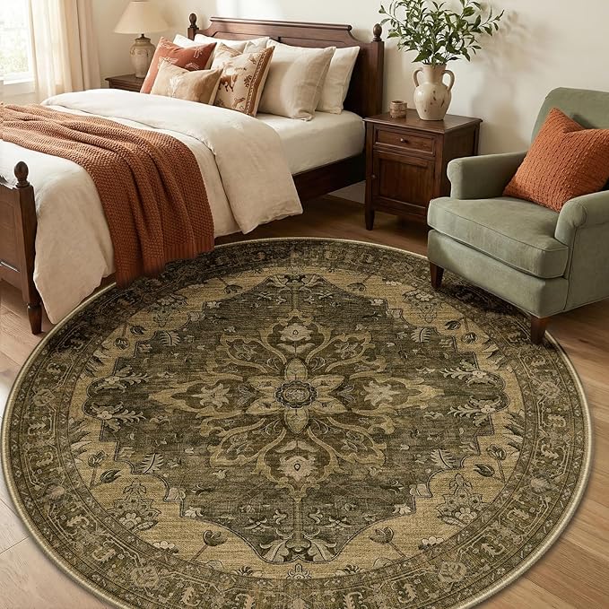 RELEANY Area Rugs Round 6ft Washable Non-Slip, Floral Vintage Distress - Image 3