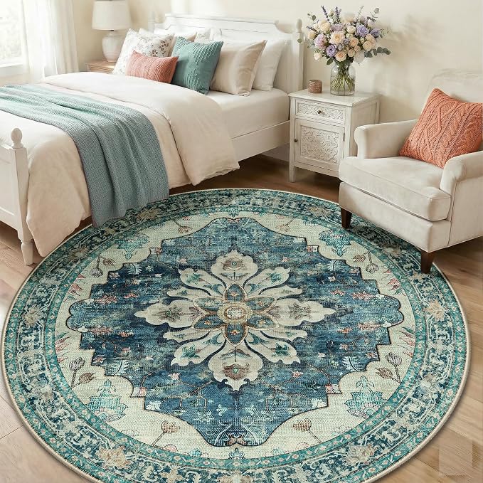 RELEANY Area Rugs Round 6ft Washable Non-Slip, Floral Vintage Distress - Image 3