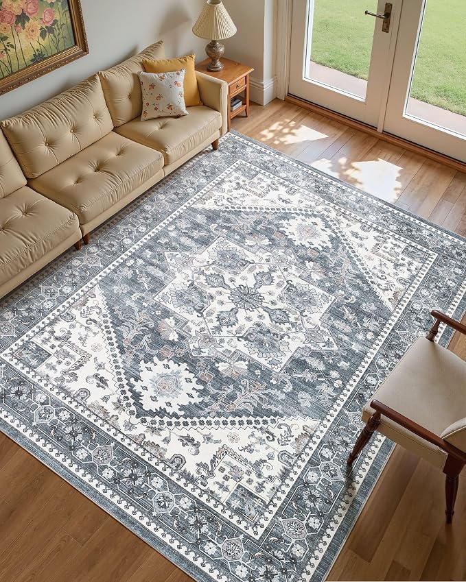 10x12 Vintage Area Rug: Washable Neutral Soft Non Slip Thin Large Floor Carpet - Image 2