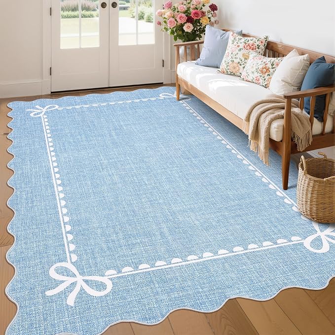 GarveeHome Scalloped Bow Rug for Living Room, Solid Blue Rug for Dorm, Washable - Image 8