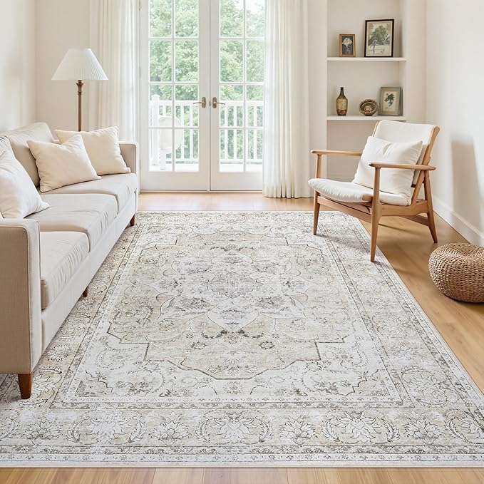 6x9 Area Rugs for Living Room:Beige Washable Vintage Medallion Carpet Non-Slip - Image 3