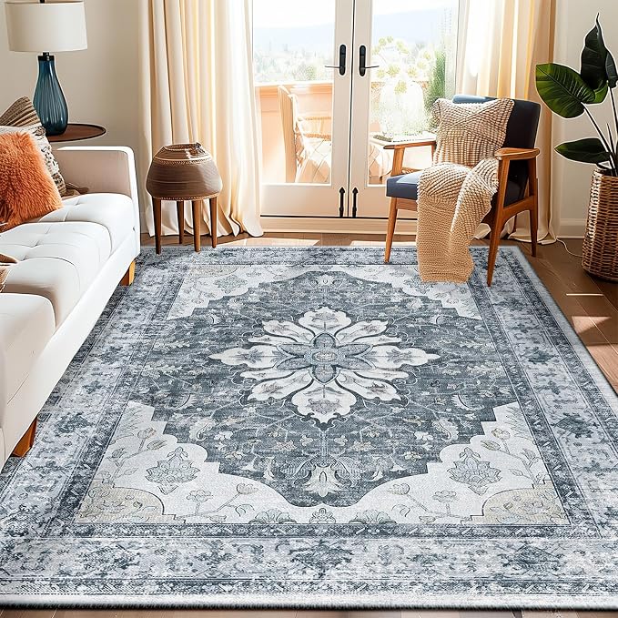RELEANY Area Rugs 5'x7' Washable Non-Slip, Floral Vintage Distress Medallion by RELEANY