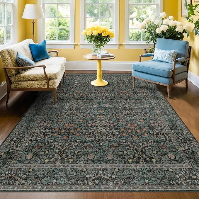 Washable Vintage 5x8 Living Room Rug, Dark Green Floral Area Rug - Image 9
