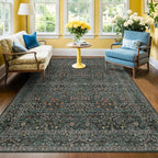 Washable Vintage 5x8 Living Room Rug, Dark Green Floral Area Rug - Image 9